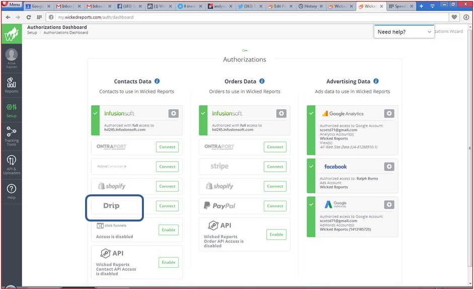 You can authorize the integration with Drip marketing automation quickly and easily through either the Wicked Reports wizard or the Authorizations dashboard with only a few clicks. 