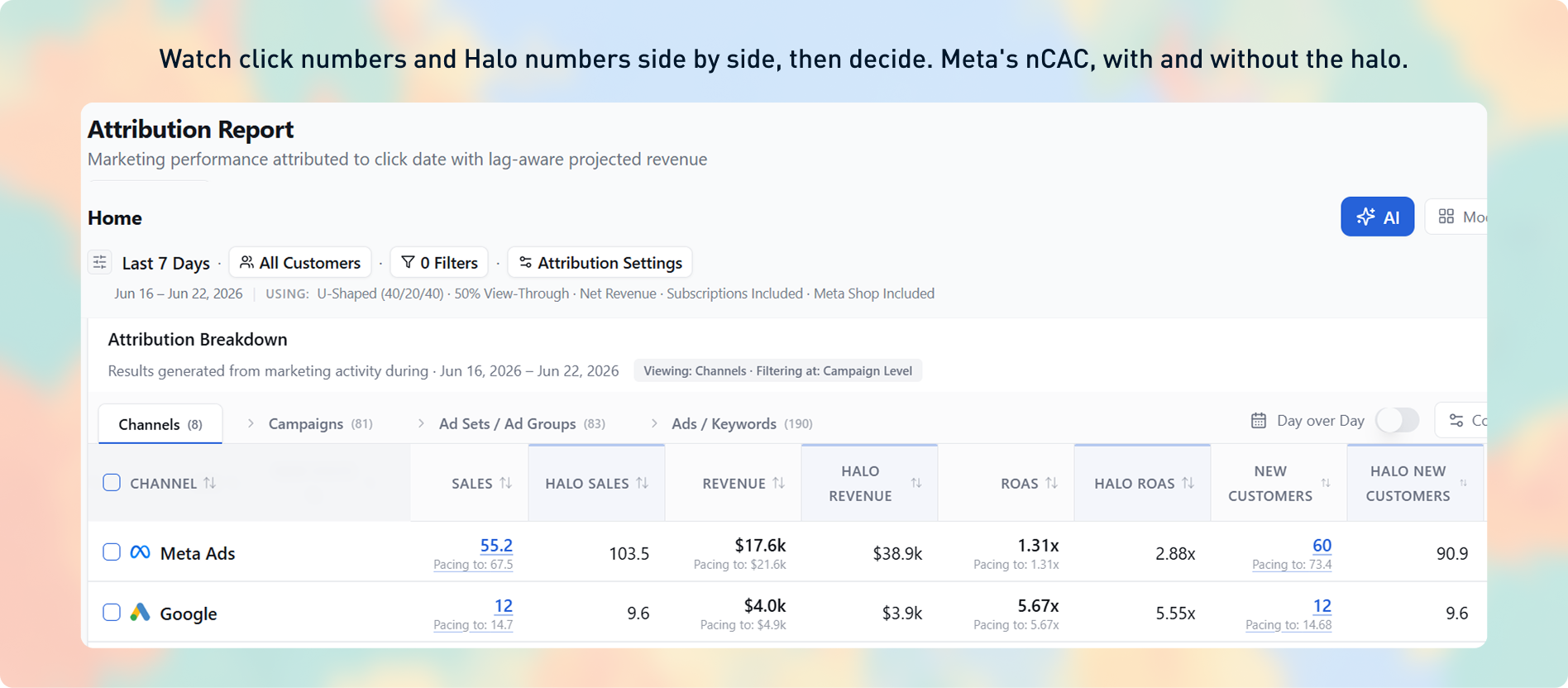 Attribution Report with and without Halo — Meta nCAC comparison