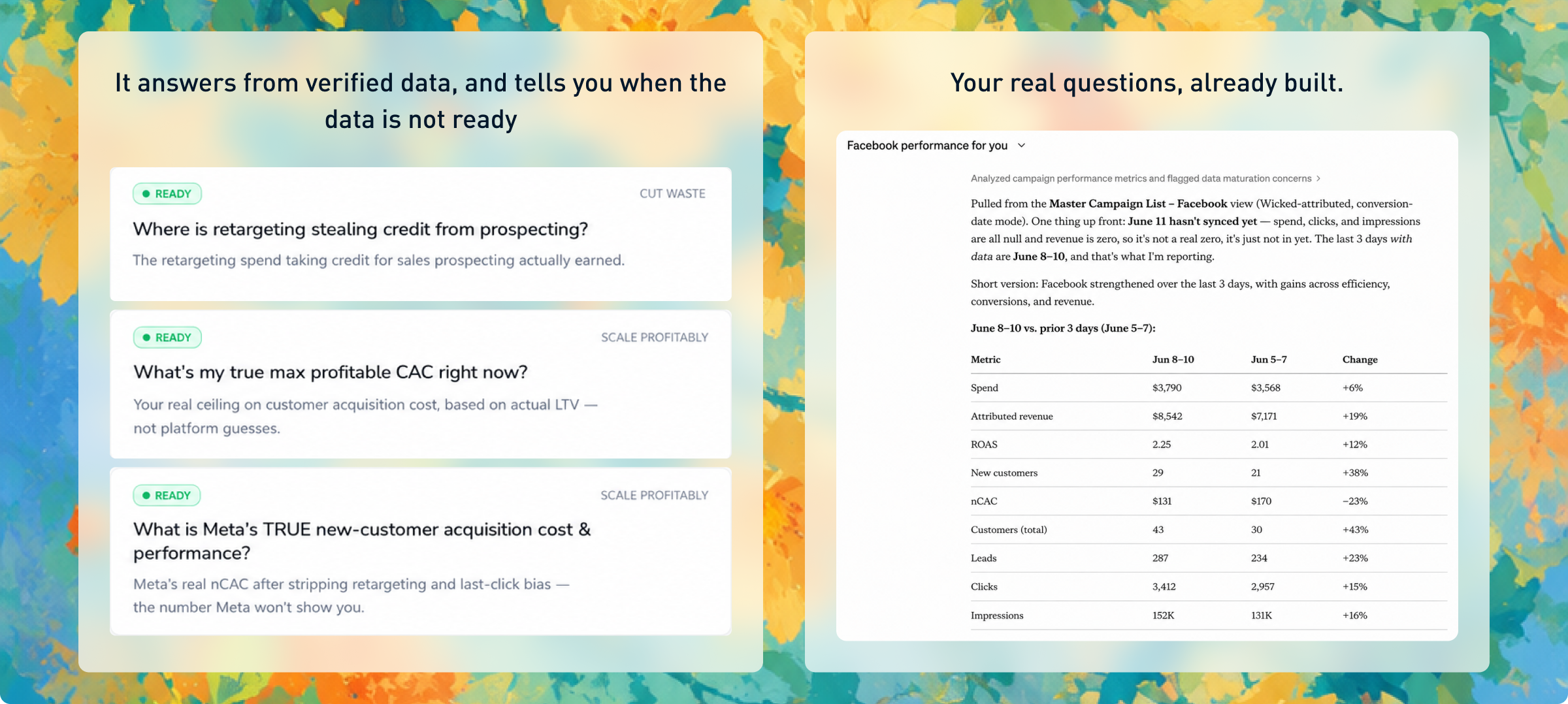 It answers from verified data and tells you when it is not ready. Your real questions, already built.